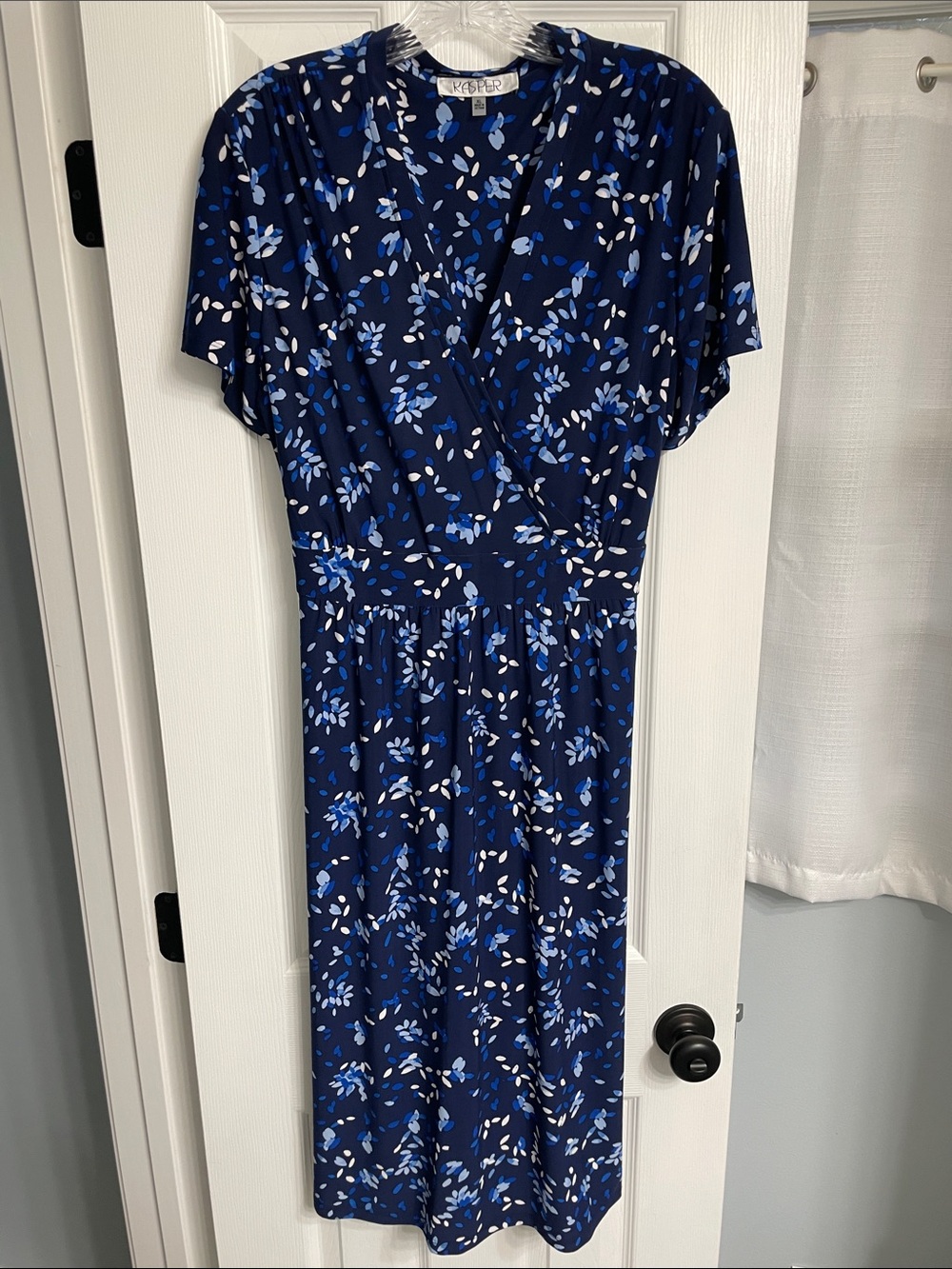 Kasper Dark Blue Floral Midi Dress with Light Blue & White Accents